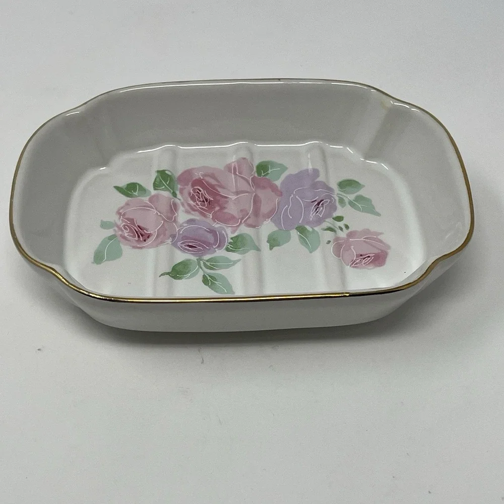 Vintage Ceramic Soap Dish Pink Purple Roses Gold Trim Made in Japan Vanity Tray